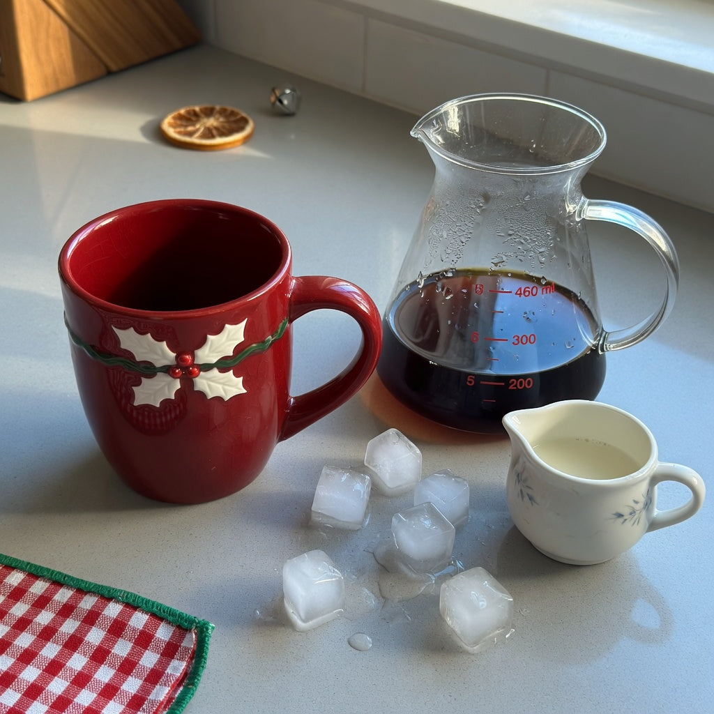 Red ceramic coffee mug capacity guide showing a 460 ml red Christmas ceramic mug beside a measuring carafe