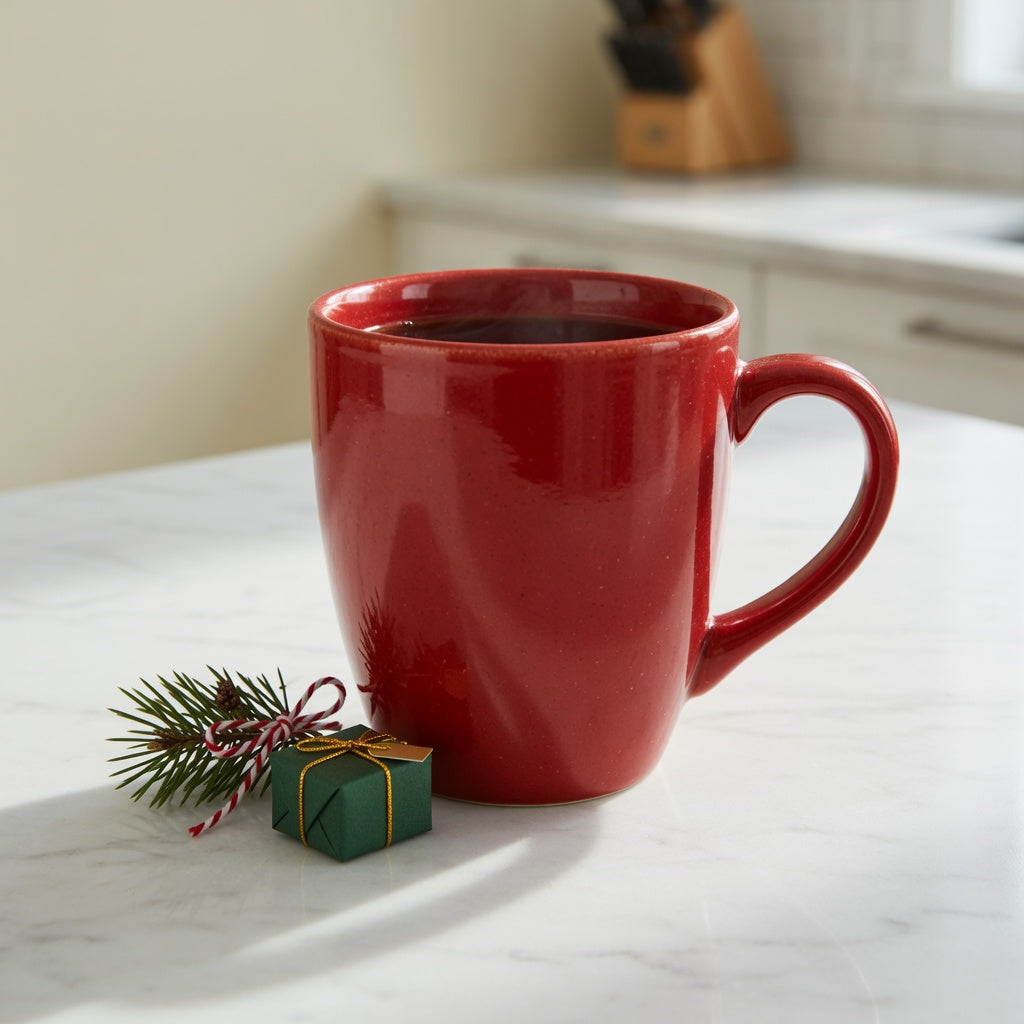 Red ceramic coffee mug current product facts article image showing a red seasonal mug with an upright handled form