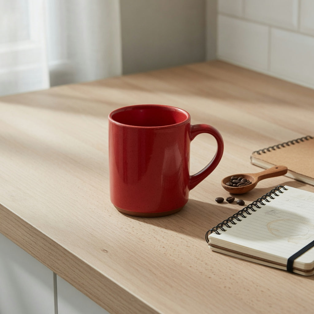 red ceramic coffee mug daily use guide image showing a red 460 ml ceramic mug with a side handle on a kitchen counter
