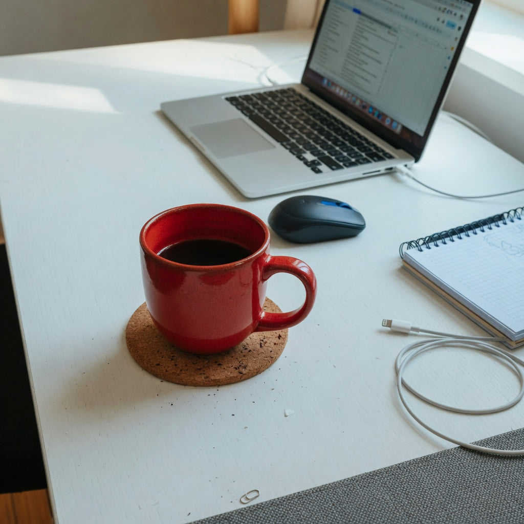 Red ceramic coffee mug for desk use beside a laptop, mouse, notebook, and coaster