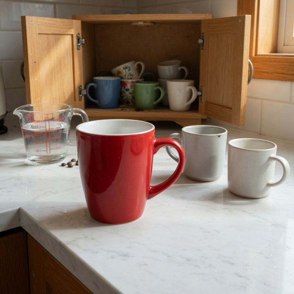 A red ceramic coffee mug everyday mug rotation practical purchase checklist scene with a 460 ml mug beside other daily mugs on a kitchen counter
