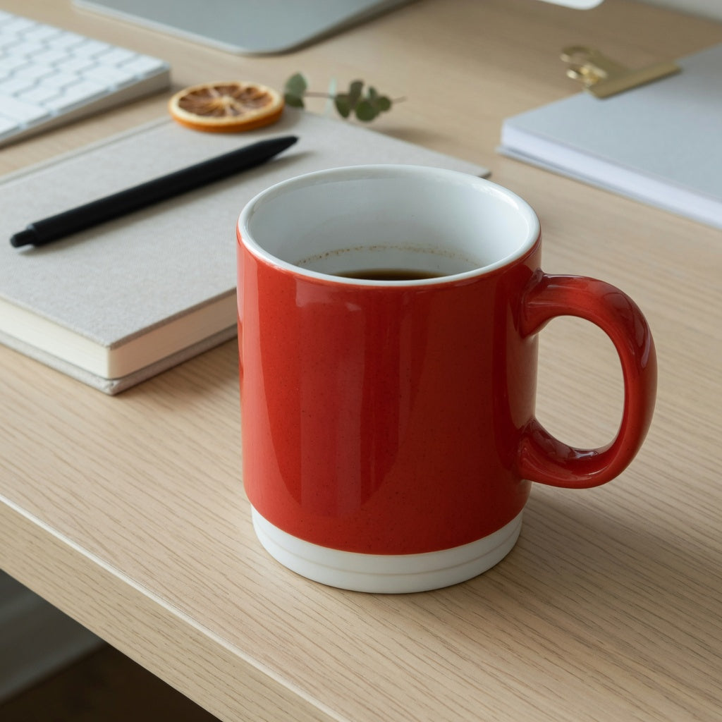 red ceramic coffee mug gift choice practical purchase checklist with a red ceramic mug on a neutral home-office desk