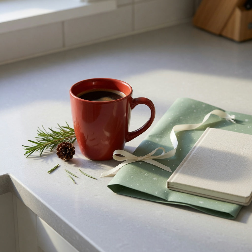 Red ceramic coffee mug gift choice product shortlist guide scene with a 460 ml mug beside simple gift wrap