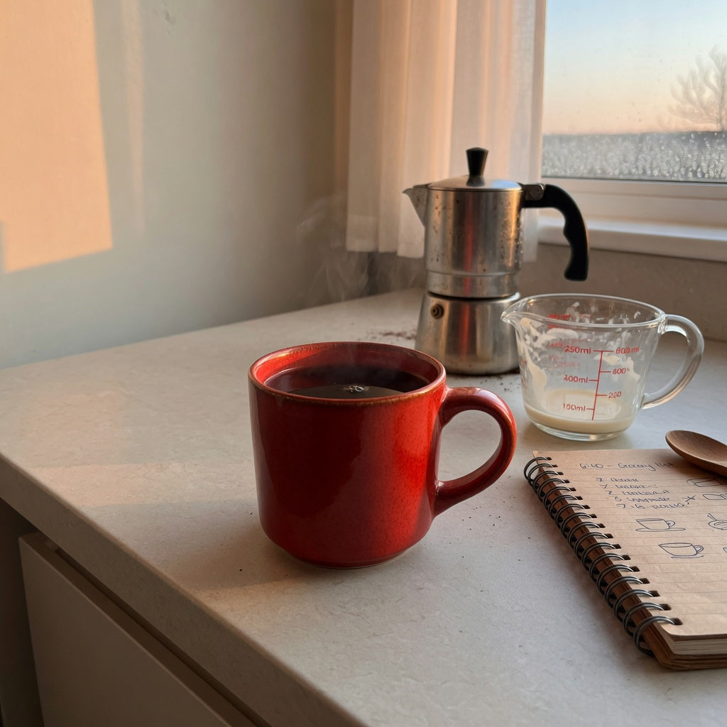 Red ceramic coffee mug morning routine practical purchase checklist beside a measured morning coffee pour on a kitchen counter