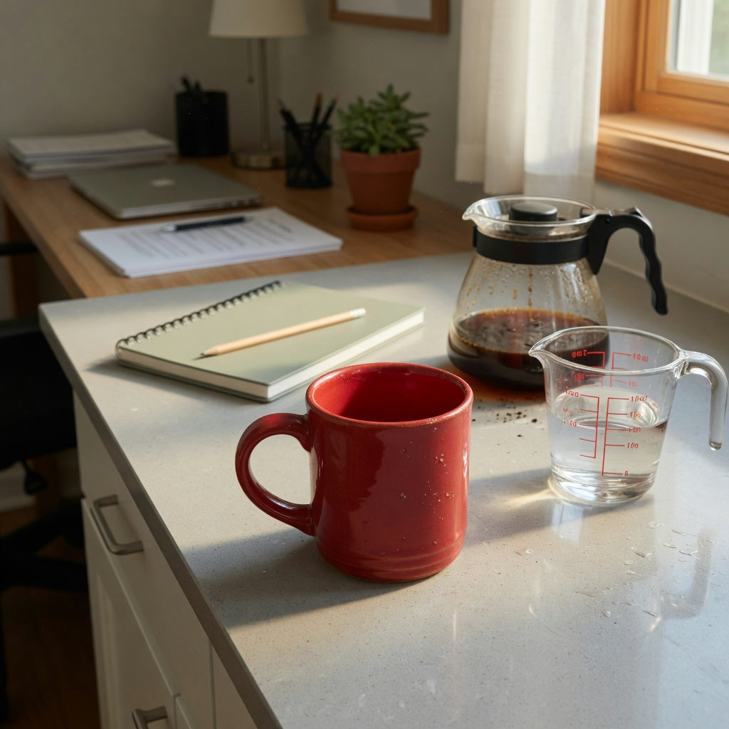 Red ceramic coffee mug morning routine product shortlist guide featuring a red 460 ml ceramic mug on a kitchen counter beside a measuring cup