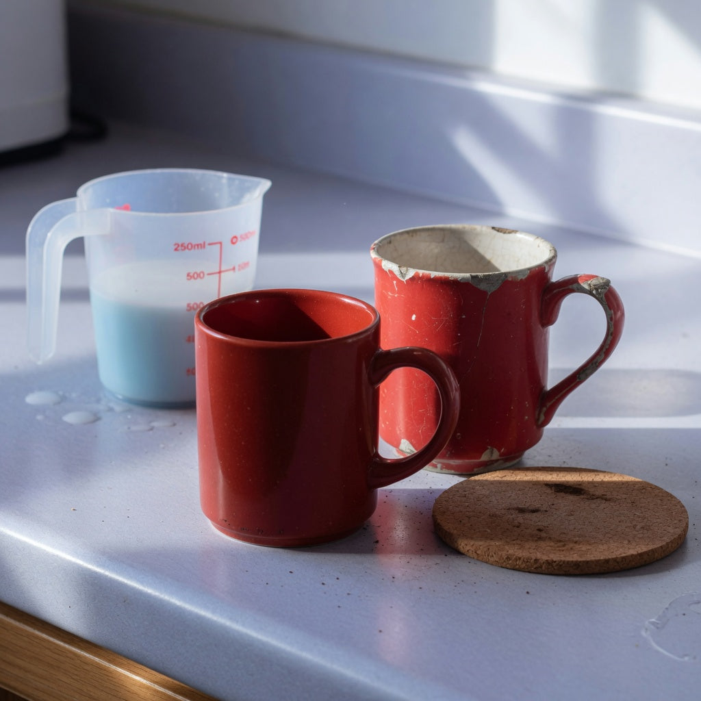 red ceramic coffee mug replacement purchase product shortlist guide with a 460 ml red ceramic mug beside a chipped old mug