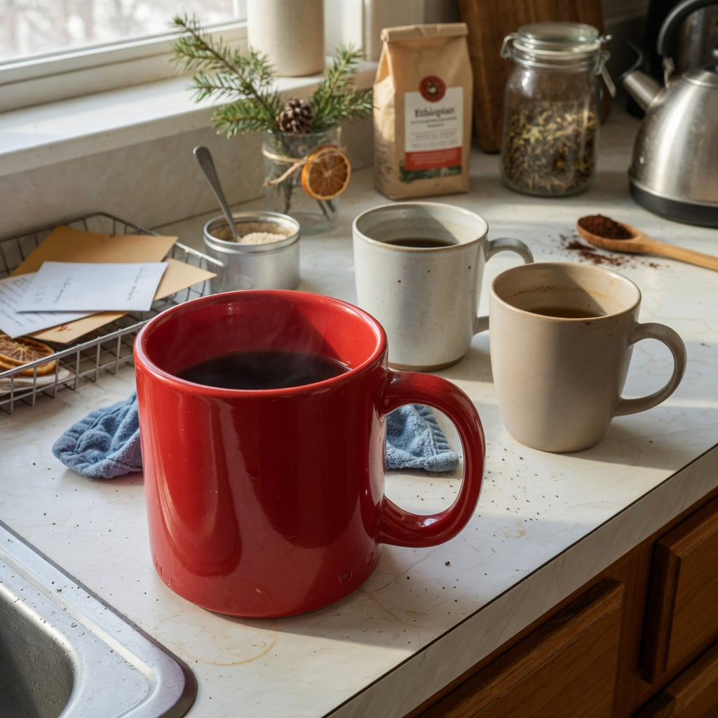 Red ceramic coffee mug shared household product shortlist guide scene with a 460 ml red mug on a shared kitchen counter