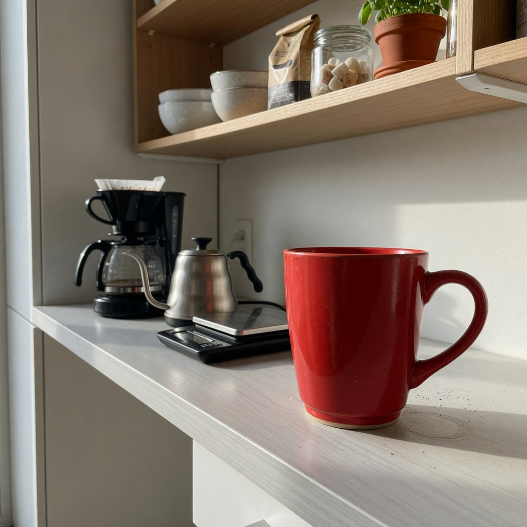 Red ceramic coffee mug for small coffee setup beside a compact brewer on a narrow kitchen counter