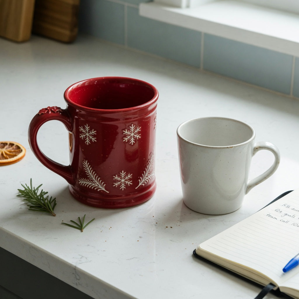 Red ceramic coffee mug size decision guide showing a 460 ml red Christmas mug beside a smaller ceramic mug
