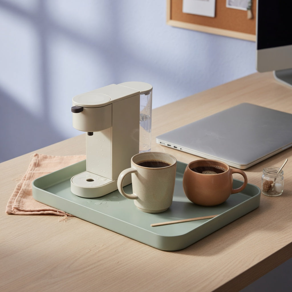 A remote work coffee station mug pair on a lipped tray beside a home-office brewer, set away from the laptop