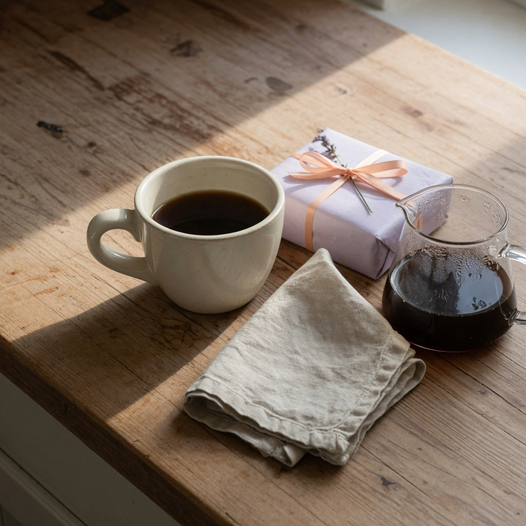 Retro ceramic coffee cup gift in a cream glaze on a kitchen counter next to a wrapped box