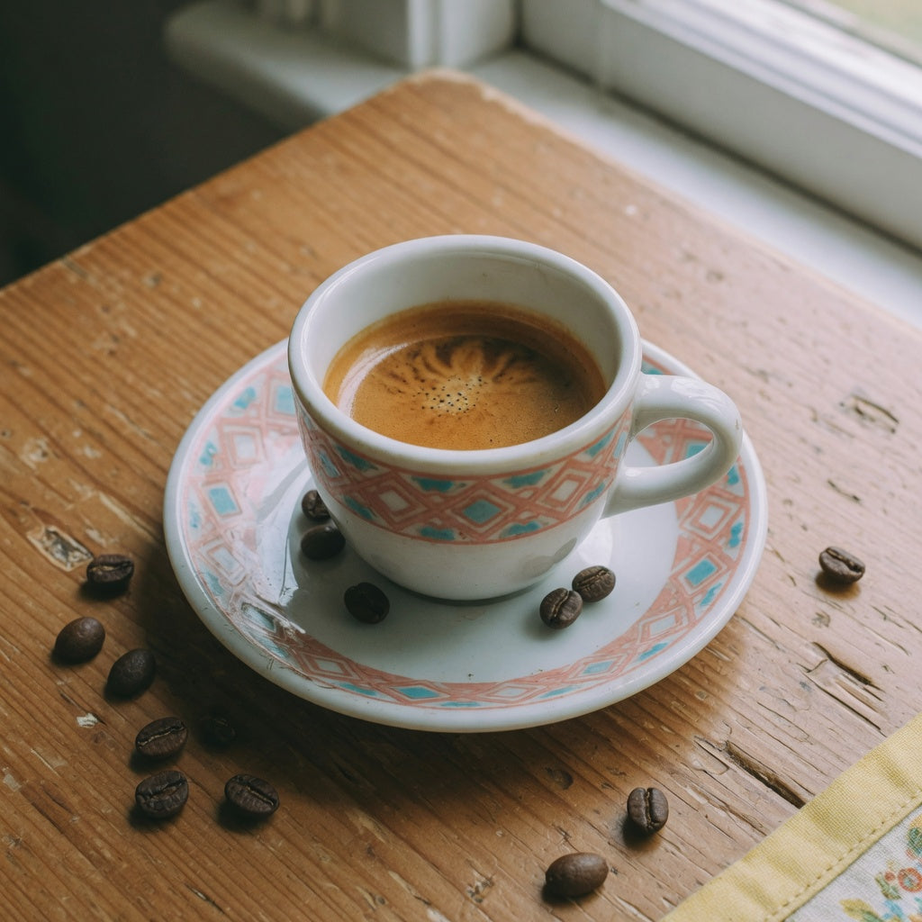 Retro ceramic espresso cup with espresso shot in a retro kitchen setting
