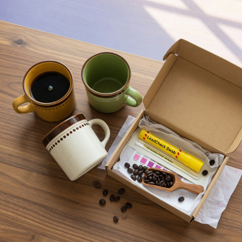 Retro coffee mugs for gifts in 70s colors lined up on a wooden table with a gift box and coffee beans