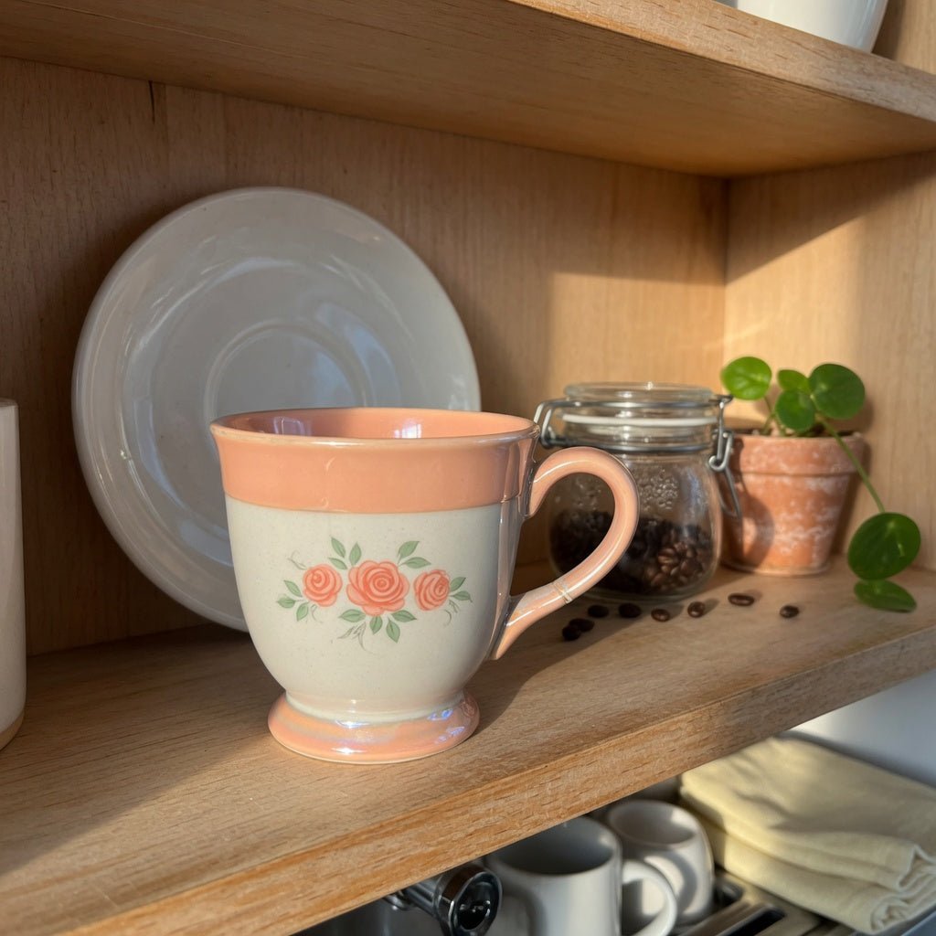 A retro coffee tea cup for coffee lovers home decor on an open coffee-bar shelf beside a saucer