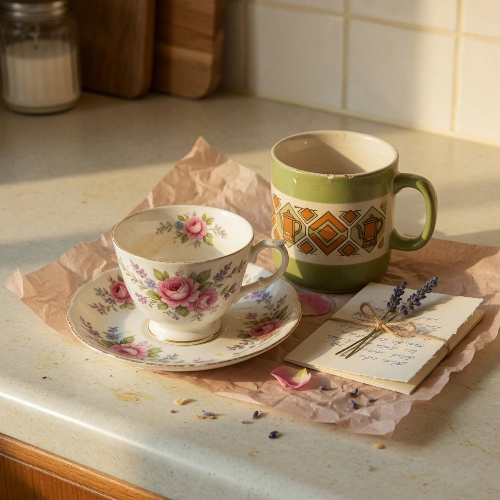 A retro tea cup gift for coffee lovers set beside a larger everyday mug on a kitchen counter