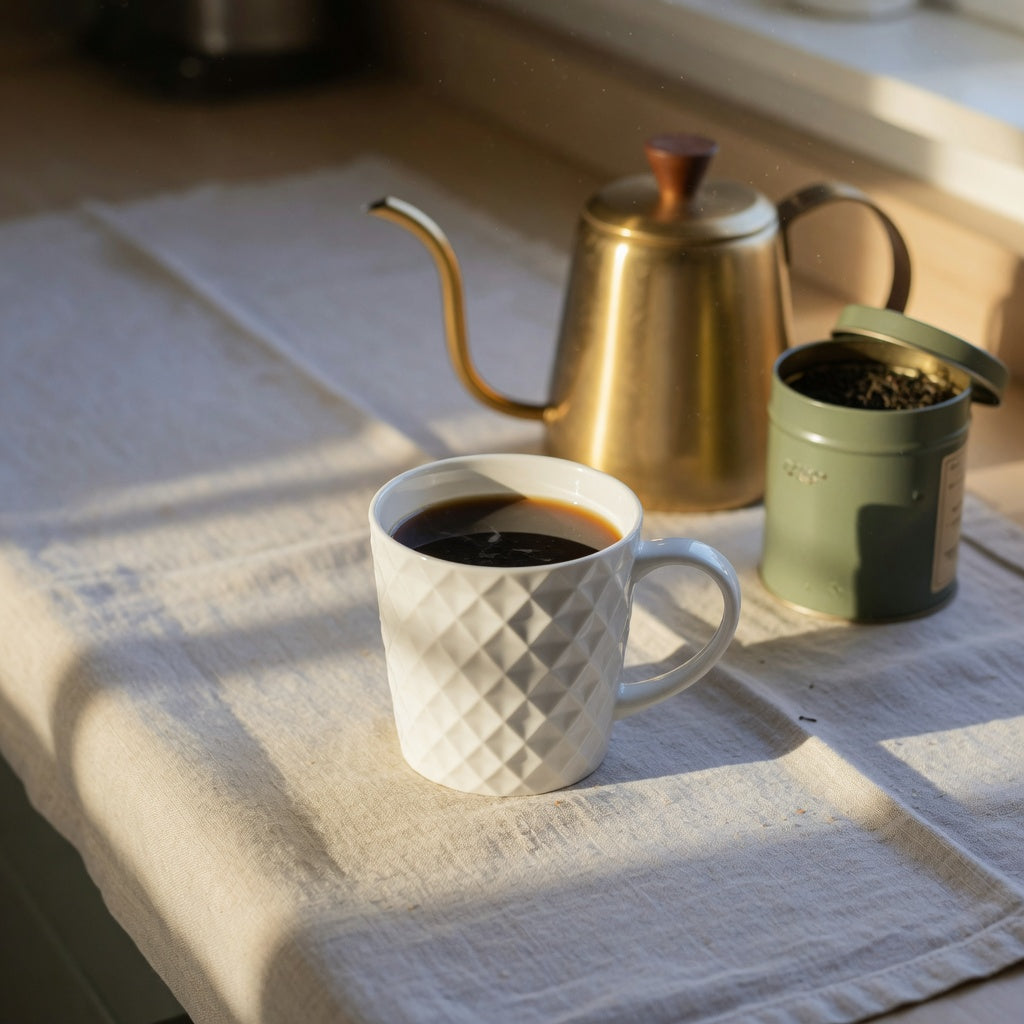 White diamond-relief ceramic mug on a kitchen counter, photographed for a rhombus coffee tea mug buying checklist