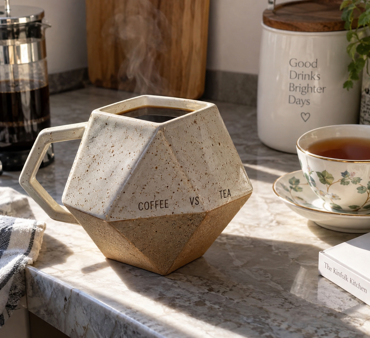 rhombus coffee vs tea mug showing ergonomic design for different hot beverages