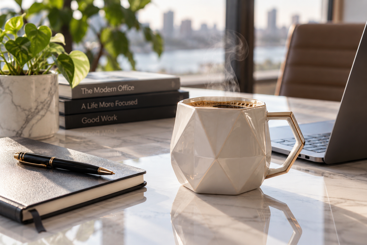 Rhombus mug for office on a professional desk setup