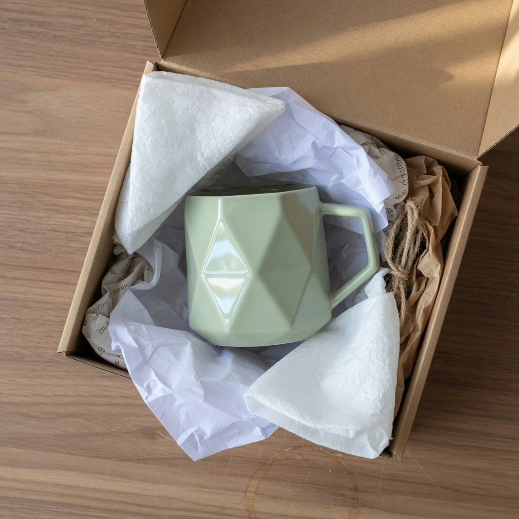 Angular ceramic rhombus mug gift packed in a kraft box with corner padding, showing the faceted silhouette and chip-prone points buyers should compare.