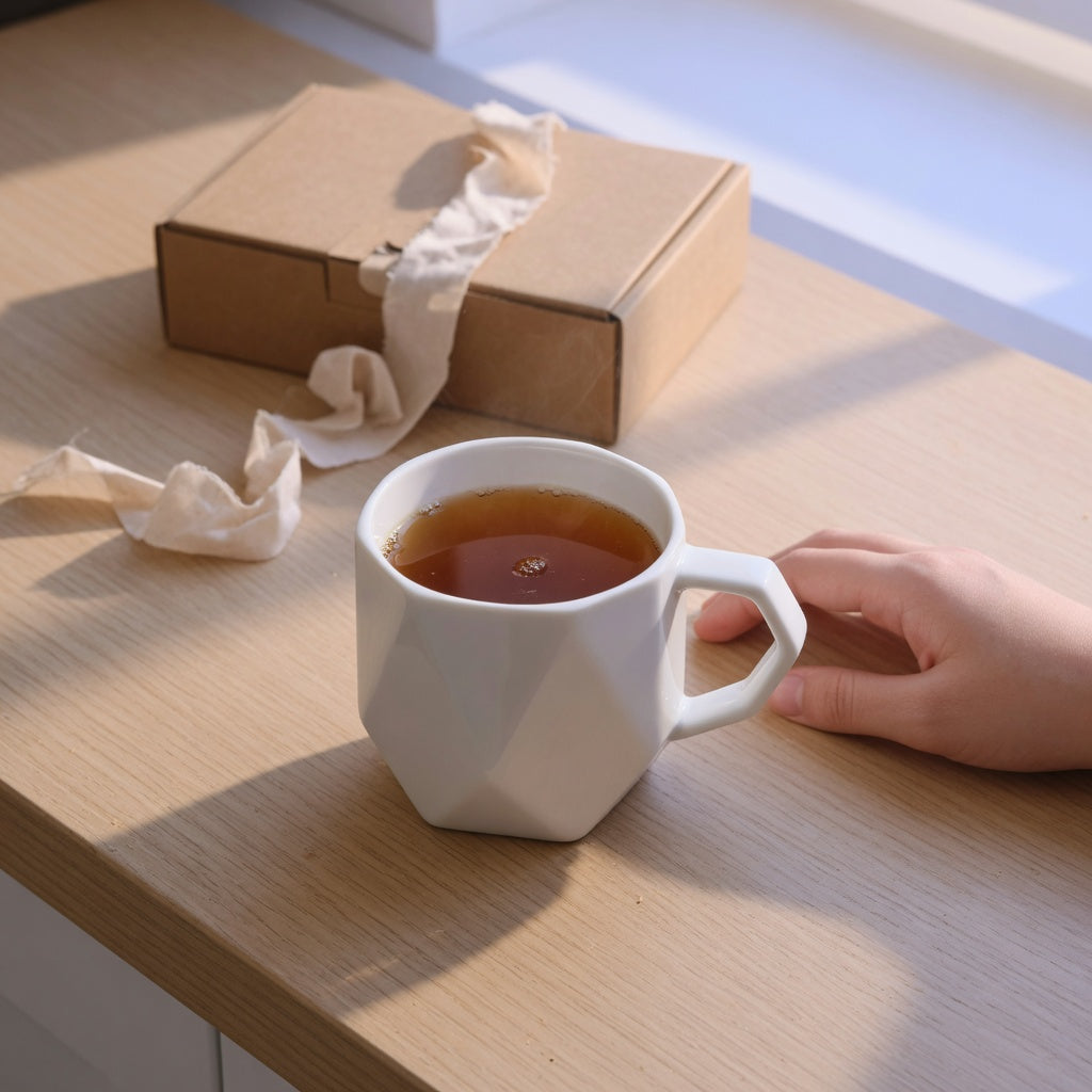 Rhombus tea cup gift: diamond-shaped ceramic mug of tea on a kitchen counter beside a closed gift box