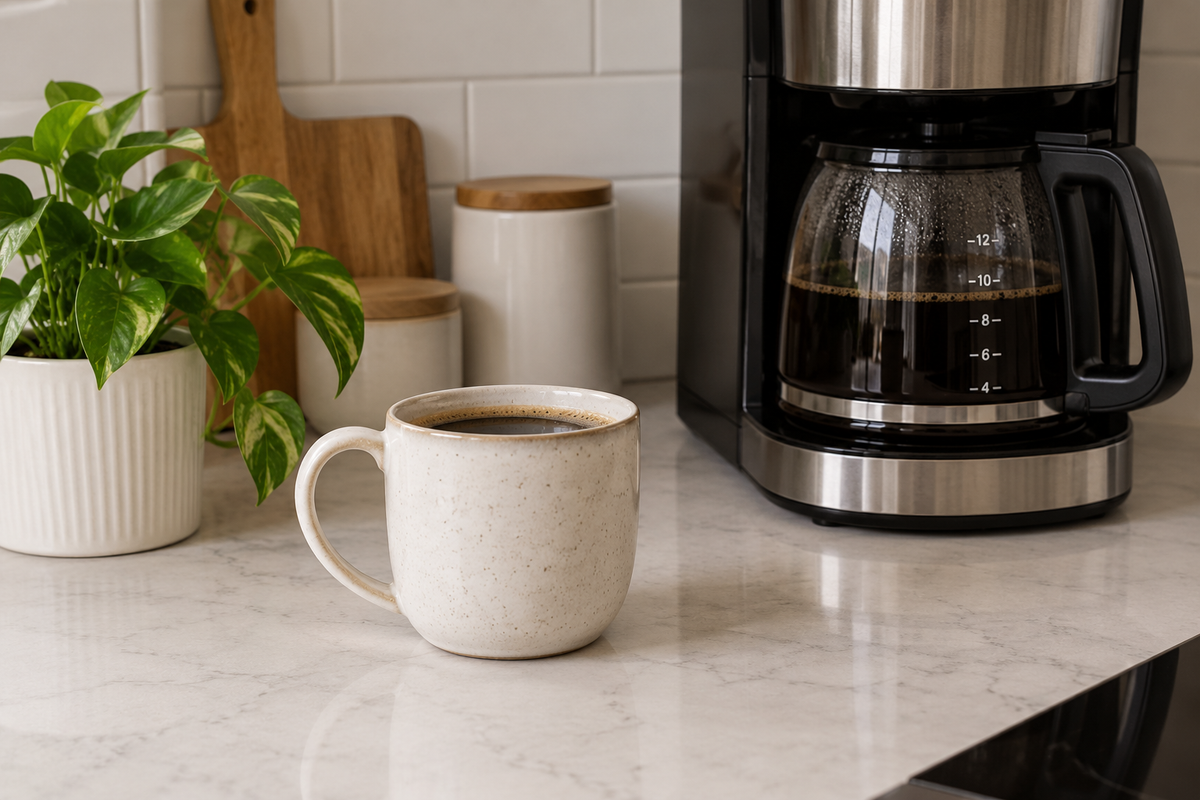 round ceramic coffee mug apartment on small kitchen counter with morning coffee
