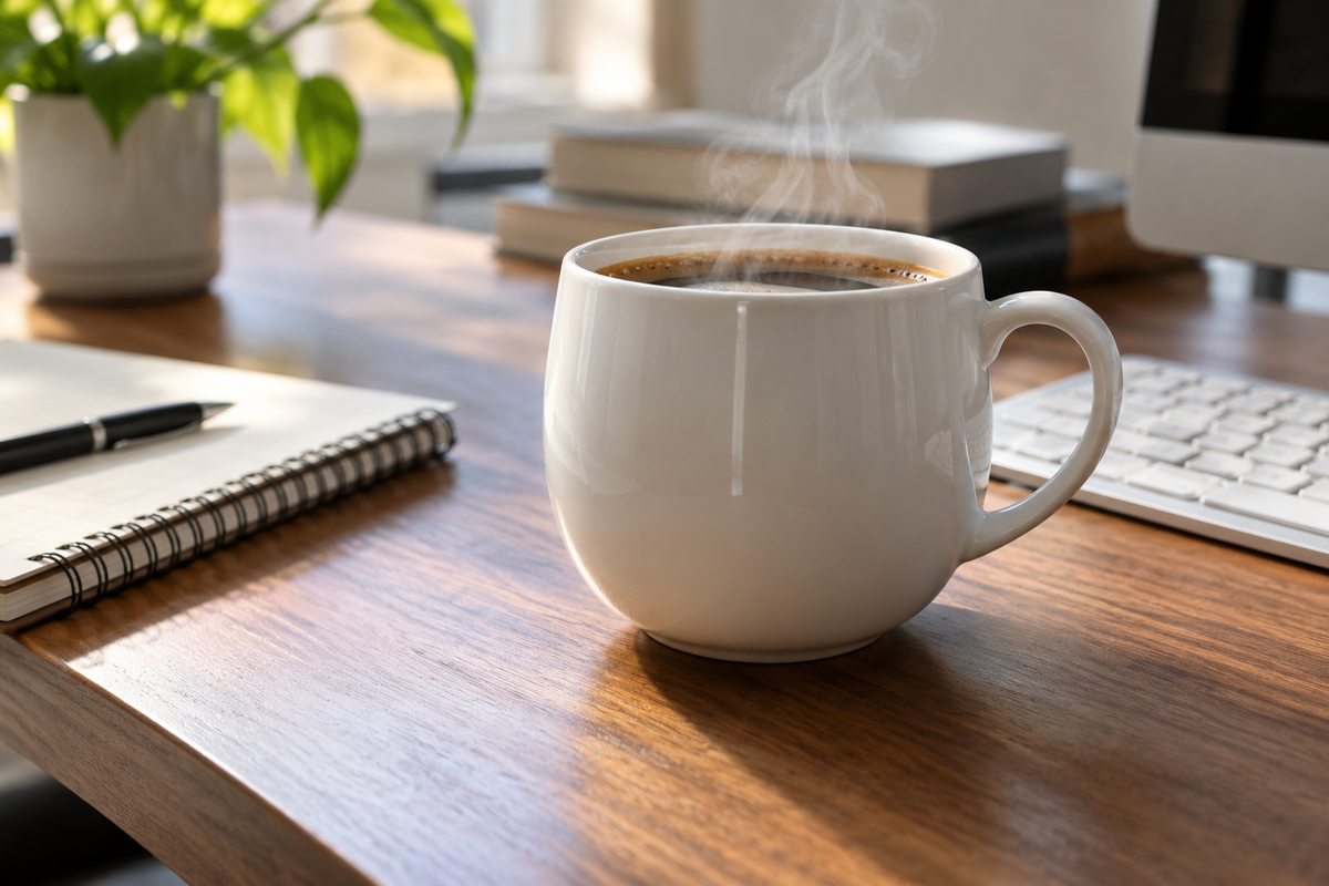 round ceramic coffee mug for desk office on modern workspace with coffee