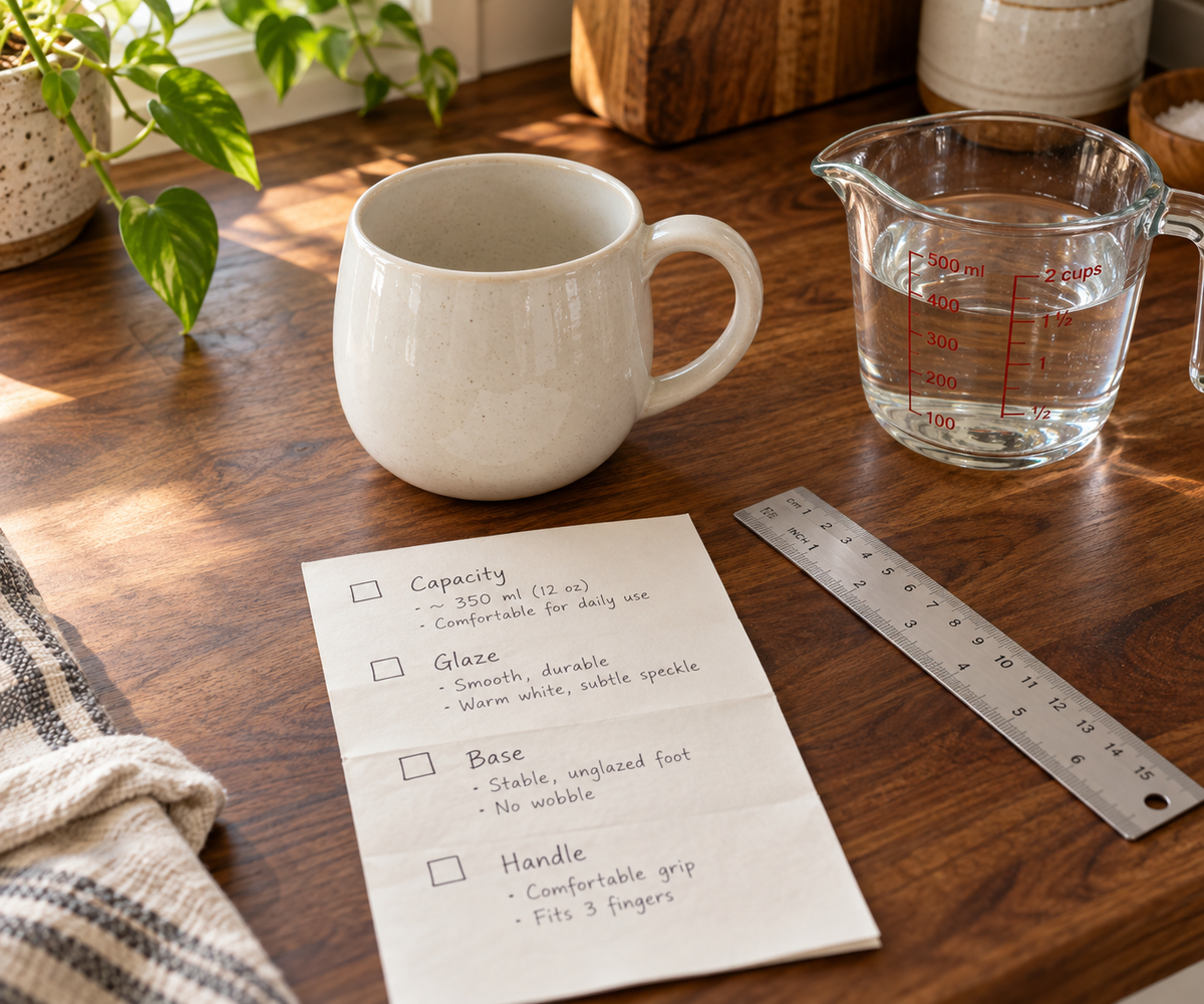 Round coffee mug buying checklist in use: a rounded ceramic mug on a counter beside a handwritten list covering capacity, glaze safety, base flatness and handle fit