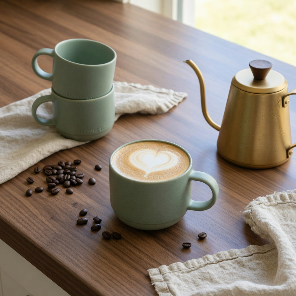 Round coffee mug for coffee lovers in a matte glaze, filled with latte, on a kitchen counter beside a pour-over kettle