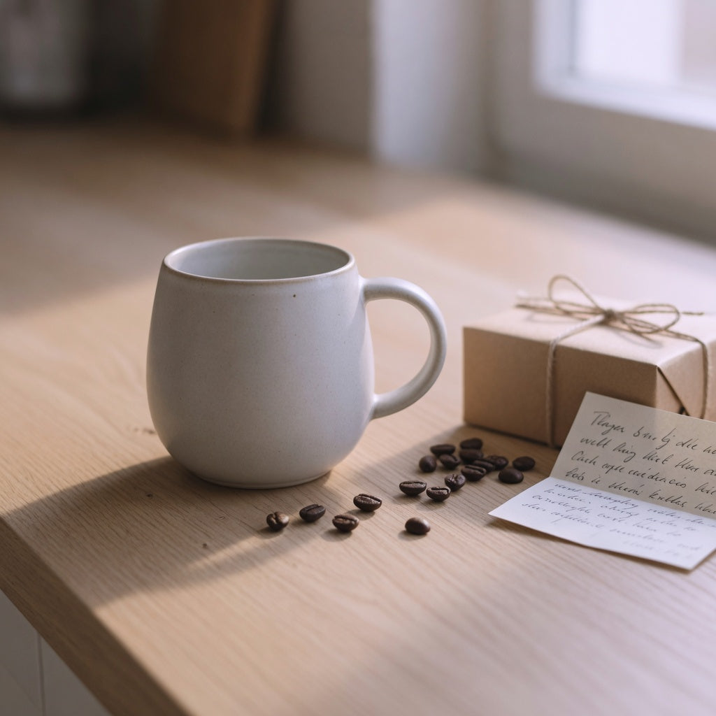 Round coffee mug gift ideas on a kitchen counter with a rounded ceramic cup, coffee beans, and a gift note