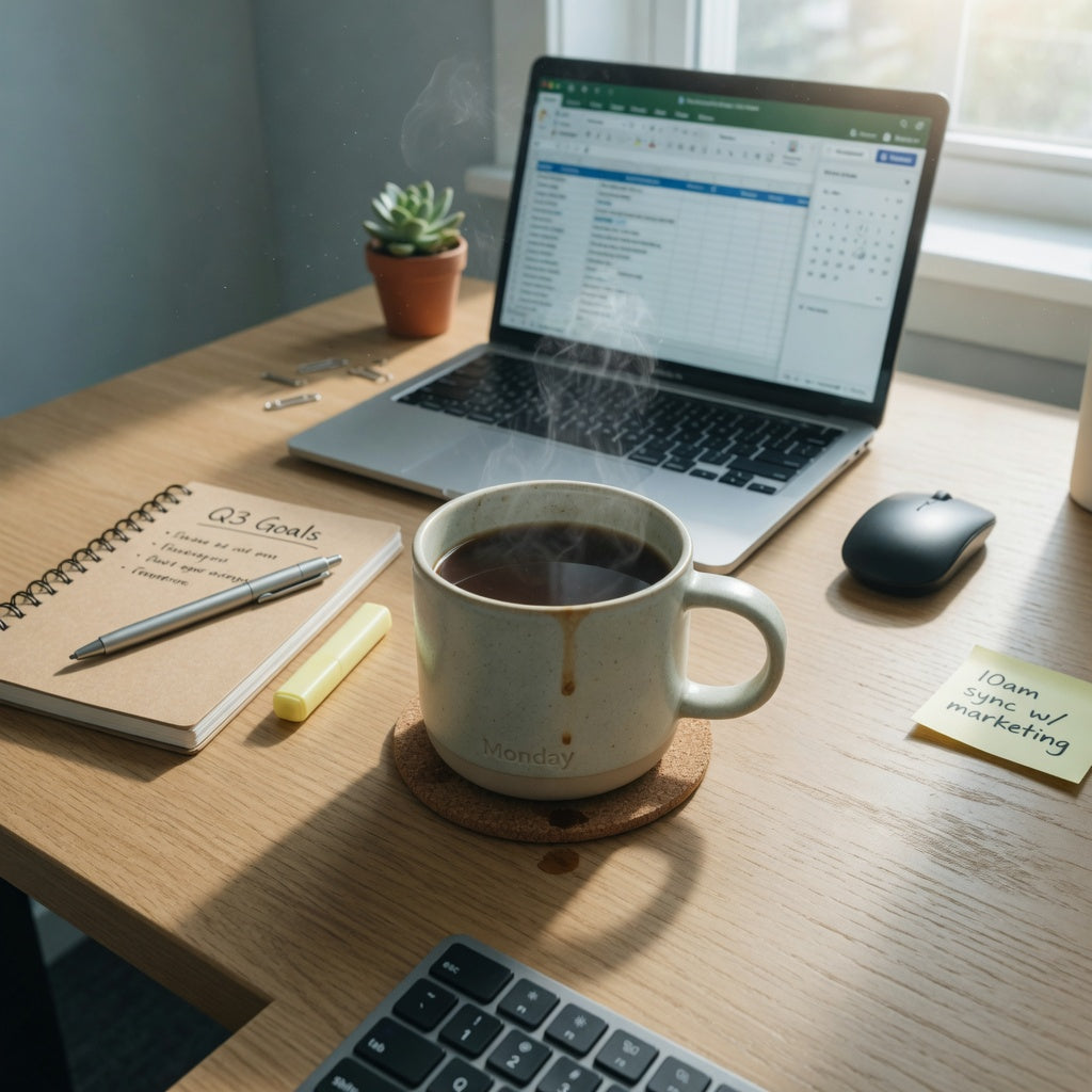 round coffee tea mug office desk on a professional workspace