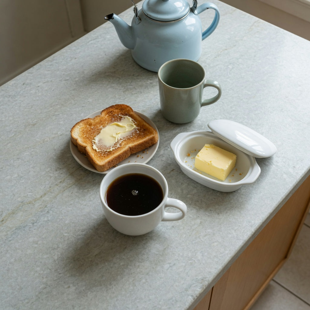 Round mug breakfast routine ideas on a narrow breakfast bar beside toast, butter, and a kettle