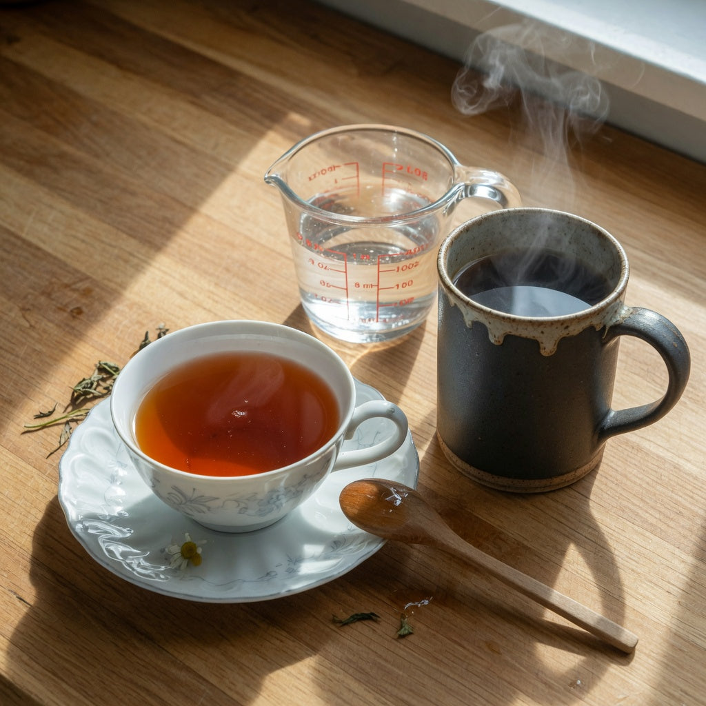 Round tea cup vs coffee mug difference shown side by side: a wide, shallow round tea cup on a saucer beside a tall stoneware coffee mug on a kitchen counter