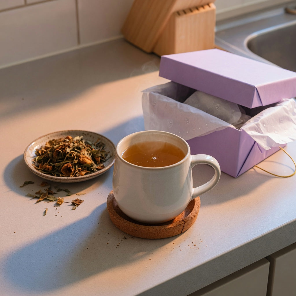 A round tea mug gift in ceramic on a kitchen counter beside loose leaf tea and an open gift box