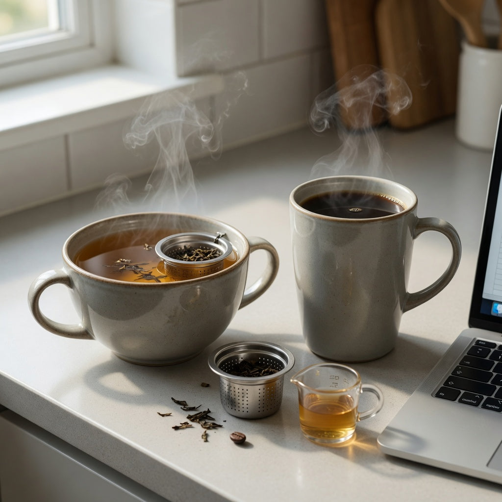 Side-by-side round tea mug vs coffee mug comparison with a wide tea mug and taller coffee mug on a kitchen counter