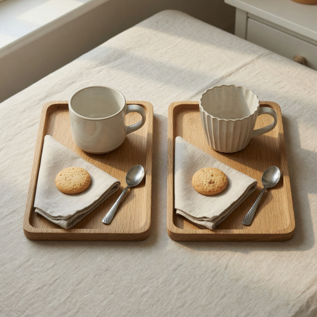 Side-by-side round vs pleated ceramic cup for tray setup with a spoon, folded napkin, and biscuit