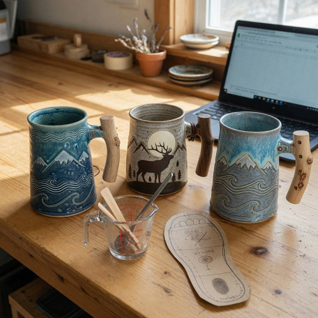 Side-by-side comparison of rustic ceramic coffee mugs buying priorities: capacity, shape, handle material, and desk footprint
