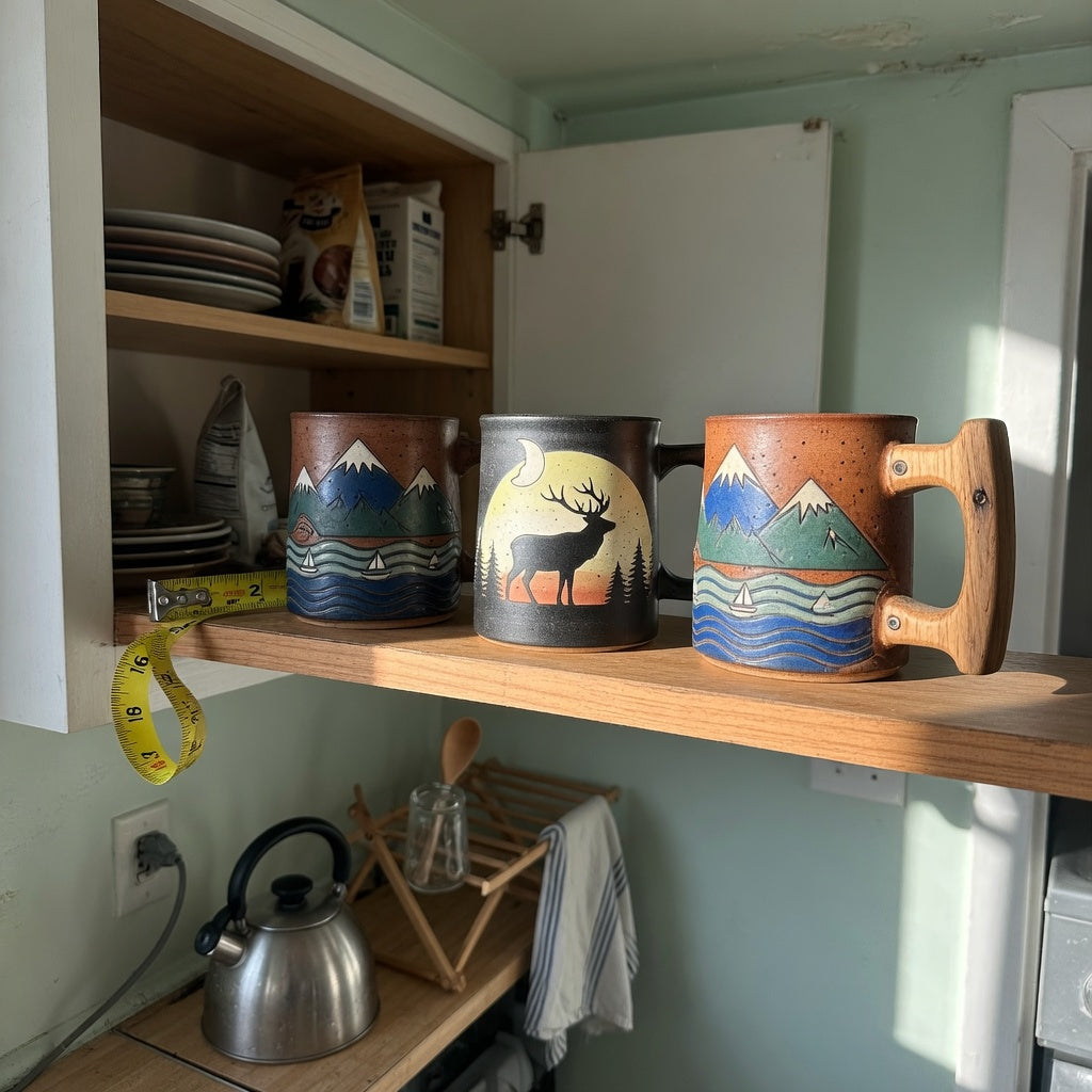 Rustic ceramic coffee mugs compact kitchen product shortlist guide with three mugs on a narrow kitchen counter