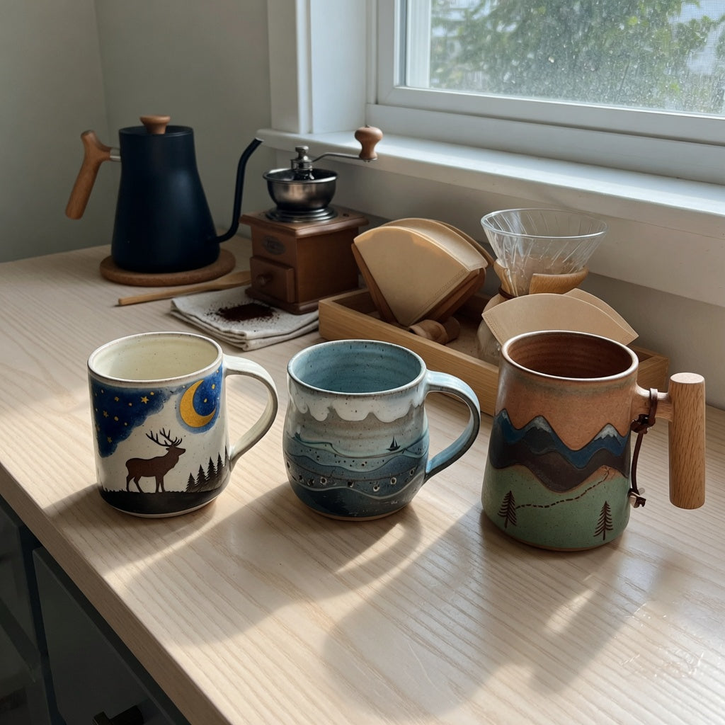 Featured image for the rustic ceramic coffee mugs home coffee station product shortlist guide, showing three designs beside a kettle and grinder