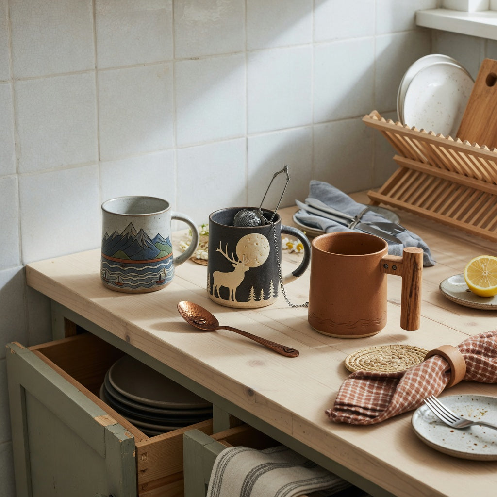 Kitchen scene for the rustic ceramic coffee mugs shared household practical purchase checklist, showing three nature-themed mug options