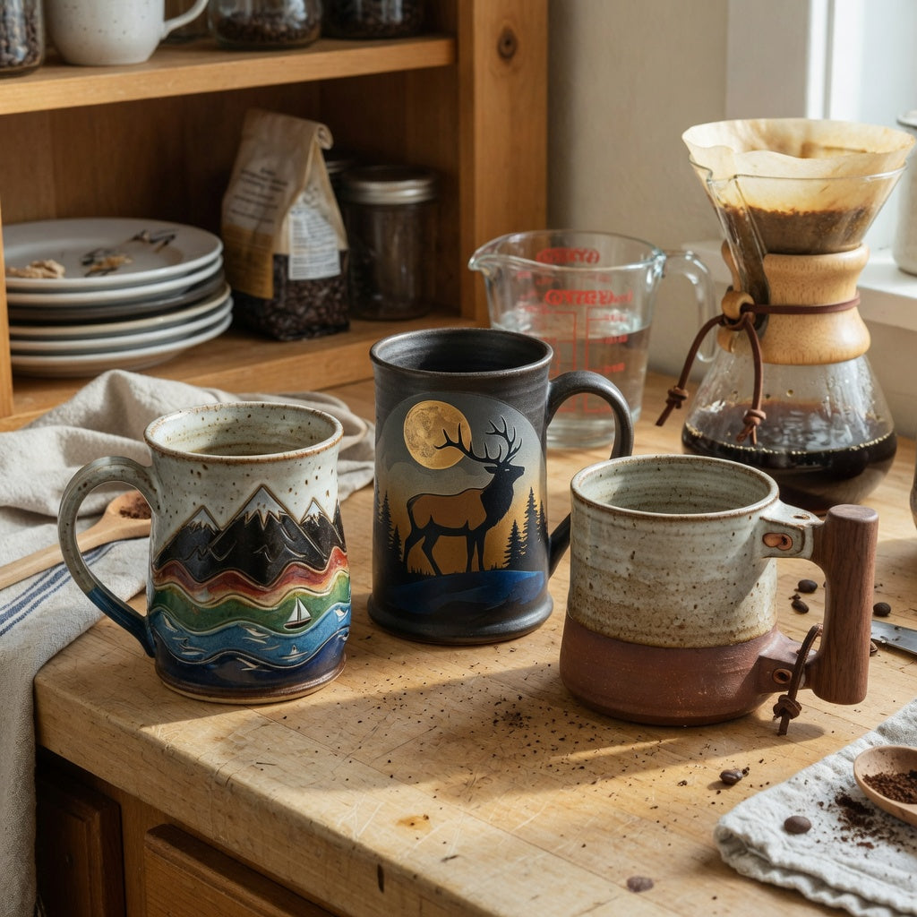 Rustic ceramic coffee mugs size decision guide comparing Mountain Sea, Elk and Moon, and wooden-handle options