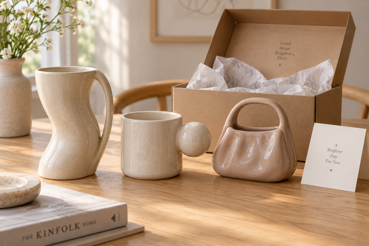 Sculptural ceramic mug gift comparison showing three forms side by side — a 400 ml curved mug, a 250 ml ball-handle mug, and a 310 ml handbag-shaped mug — next to a gift box on a wooden table