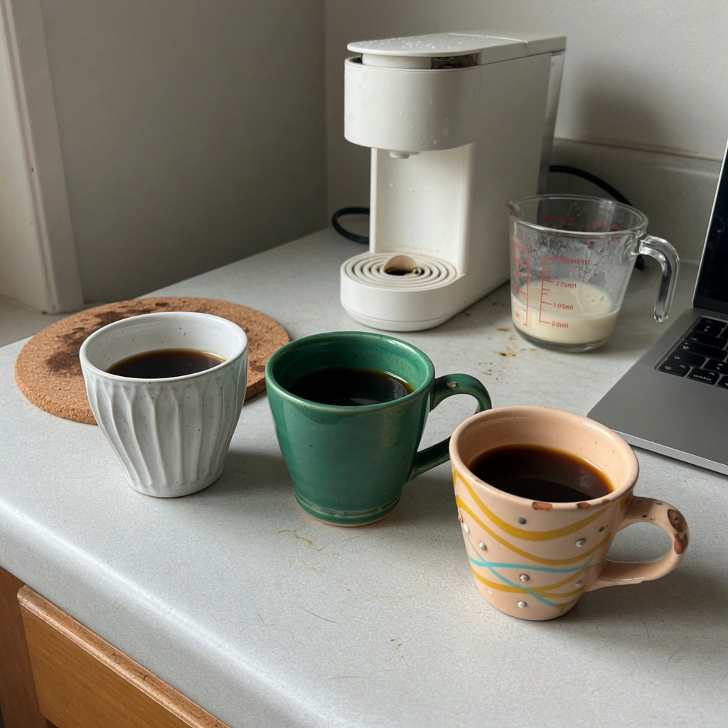 Small ceramic coffee cup buying priorities compared with pleated, emerald, and retro cup shapes beside a coffee maker