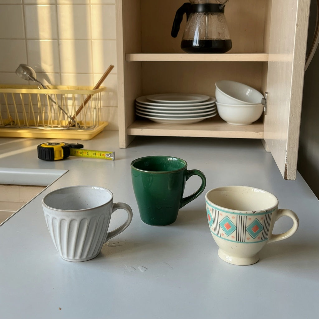 Small ceramic coffee cup everyday mug rotation product shortlist guide showing pleated, emerald, and retro cups beside a kitchen cabinet