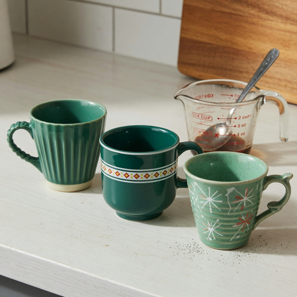 small ceramic coffee cup first time buyer practical purchase checklist with pleated, emerald, and retro cups beside a measuring cup