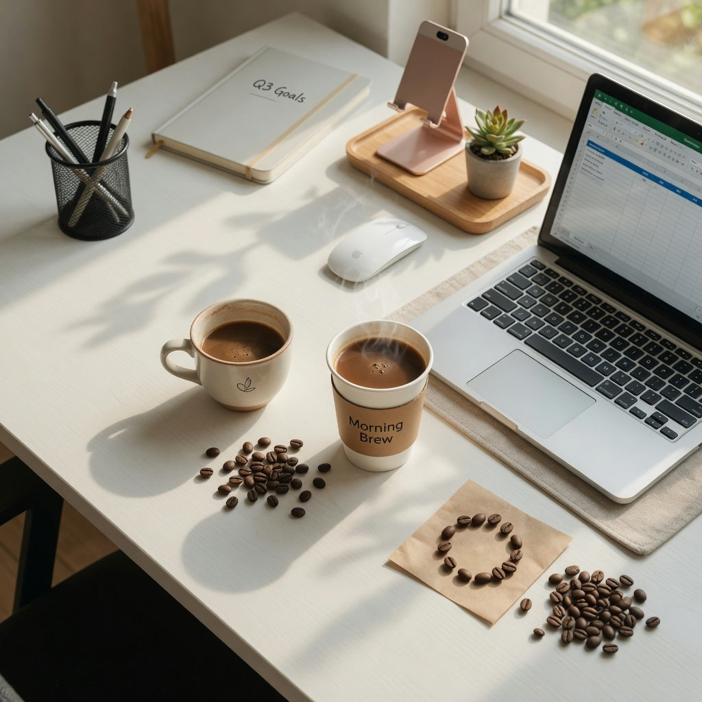 small ceramic coffee cup for office on a modern desk setup