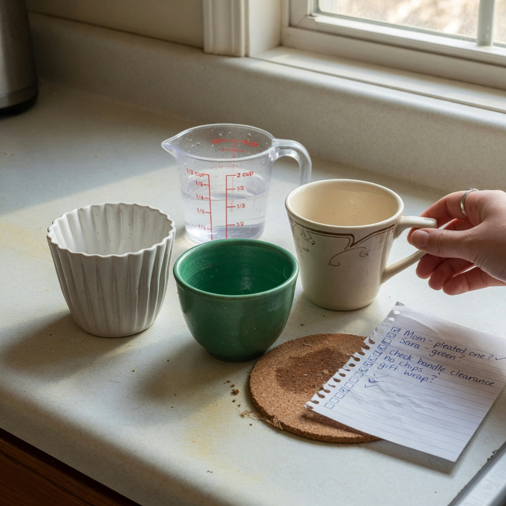 small ceramic coffee cup gift choice practical purchase checklist beside pleated, emerald, and retro cup styles