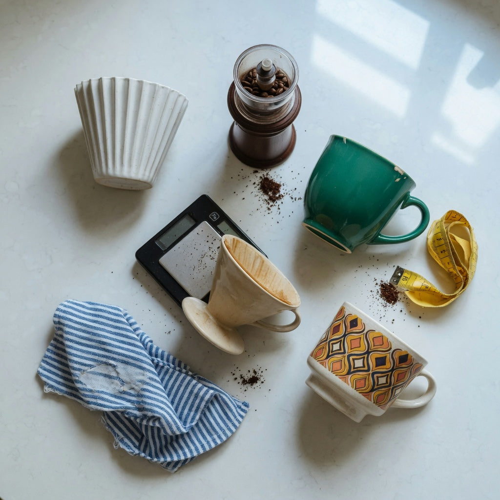 Countertop scene for the small ceramic coffee cup home coffee station product shortlist guide, with pleated, emerald, and retro options beside brewing tools
