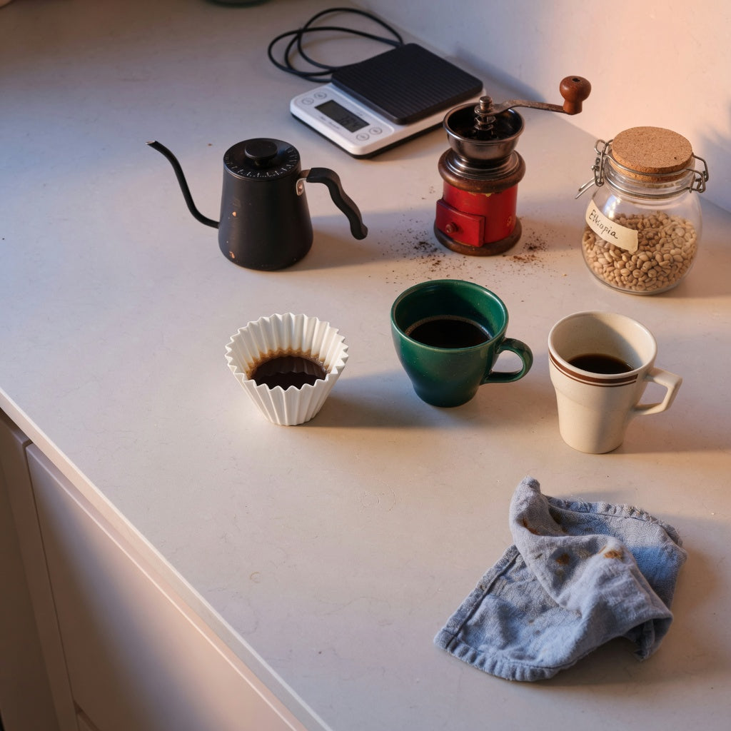 Countertop scene for the small ceramic coffee cup home coffee station practical purchase checklist, with compact cups and brewing gear