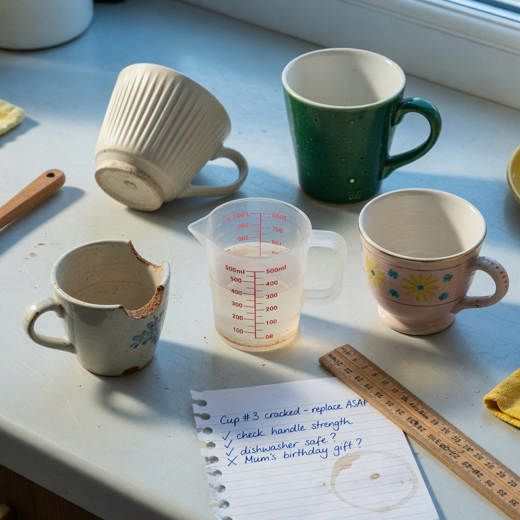 Small ceramic coffee cup replacement purchase practical purchase checklist beside a chipped cup, measuring jug, ruler, and three replacement styles