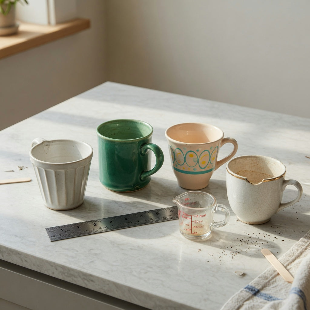 small ceramic coffee cup replacement purchase product shortlist guide showing pleated, emerald, and retro options beside a chipped cup